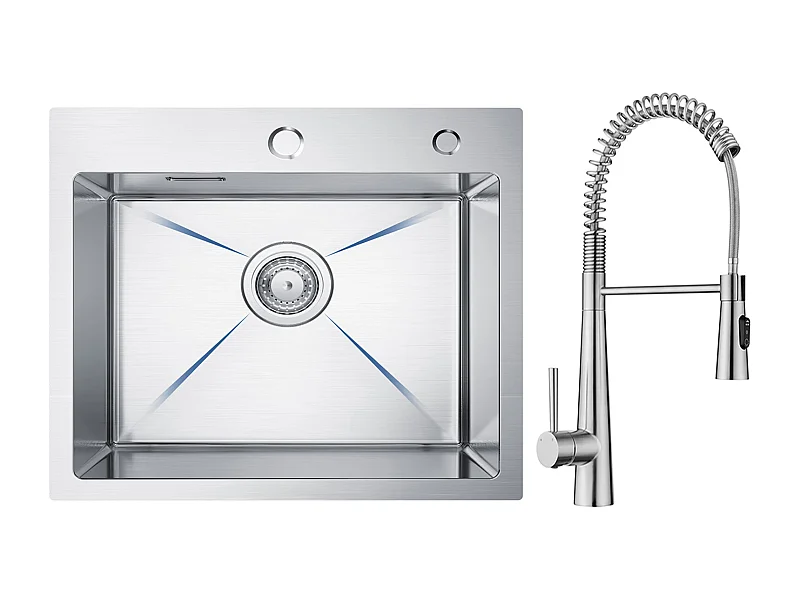 Cecipa max roestvrijstalen spoelbak 1 kom keukenspoelbak 50 × 45 cm geborstelde spoelbak + veer keukenmengkraan met 3 waterafvoermodi, geborsteld