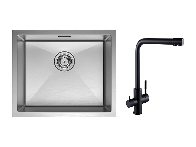 CECIPA MAX Évier de Cuisine 1 Bac Brossé Évier Inox 50*44CM + Mitigeur Evier à 3 Voies, 2 Leviers, Noir