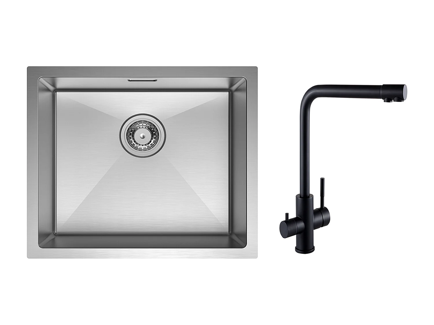 CECIPA MAX Évier de Cuisine 1 Bac Brossé Évier Inox 50*44CM + Mitigeur Evier à 3 Voies, 2 Leviers, Noir