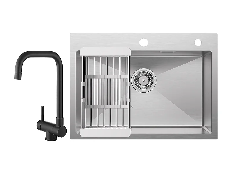 Cecipa max Évier Cuisine 1 Bac 60×45×18CM Évier Inox Brossé avec Panier de Drainage + Cuisine Rabattable Robinet Pliable Mitigeur Sous Fenêtre Noir