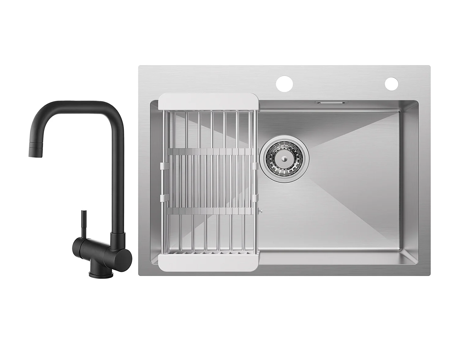 Cecipa max Évier Cuisine 1 Bac 60×45×18CM Évier Inox Brossé avec Panier de Drainage + Cuisine Rabattable Robinet Pliable Mitigeur Sous Fenêtre Noir