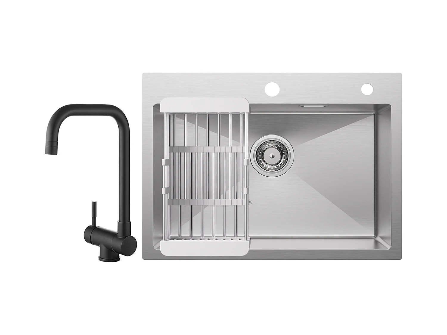 Cecipa max Évier Cuisine 1 Bac 60×45×18CM Évier Inox Brossé avec Panier de Drainage + Cuisine Rabattable Robinet Pliable Mitigeur Sous Fenêtre Noir