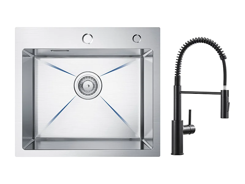 Fregadero Cecipa max de acero inoxidable, 1 seno, 50 × 45 cm, cepillado, mezclador de cocina con resorte negro y ducha extraíble