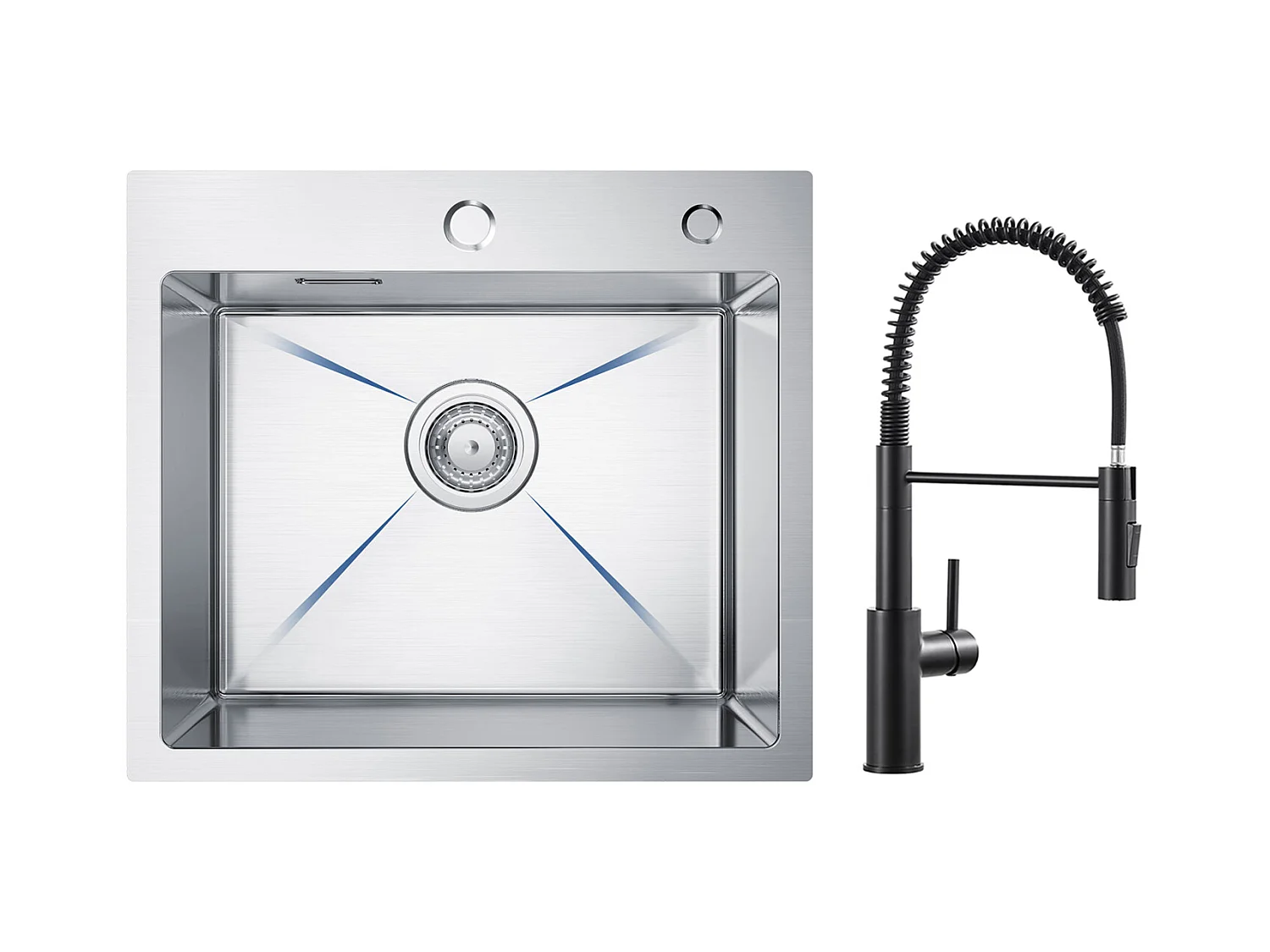 Cecipa max Évier Inox Évier Cuisine 1 Bac 50 × 45 cm Évier de Cuisine Brossé + Mitigeur de Cuisine à Ressort Noir avec Douchette Extractible