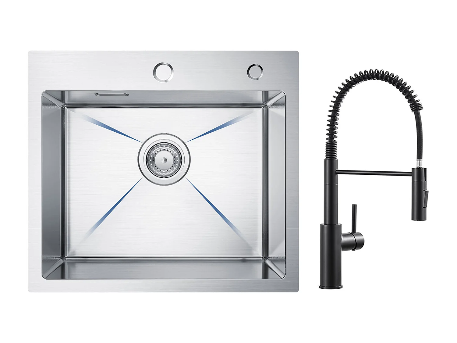 Cecipa max Évier Inox Évier Cuisine 1 Bac 50 × 45 cm Évier de Cuisine Brossé + Mitigeur de Cuisine à Ressort Noir avec Douchette Extractible