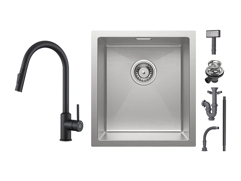 Lavello Cucina Cecipa max 1 Vasca 40x44x19cm - Lavello da Incasso in Acciaio Inox Spazzolato + Miscelatore con Doccetta Estraibile - Nero - Girevole a 360°