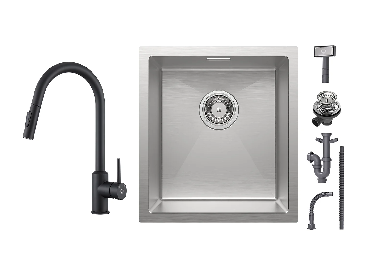 Lavello Cucina Cecipa max 1 Vasca 40x44x19cm - Lavello da Incasso in Acciaio Inox Spazzolato + Miscelatore con Doccetta Estraibile - Nero - Girevole a 360°