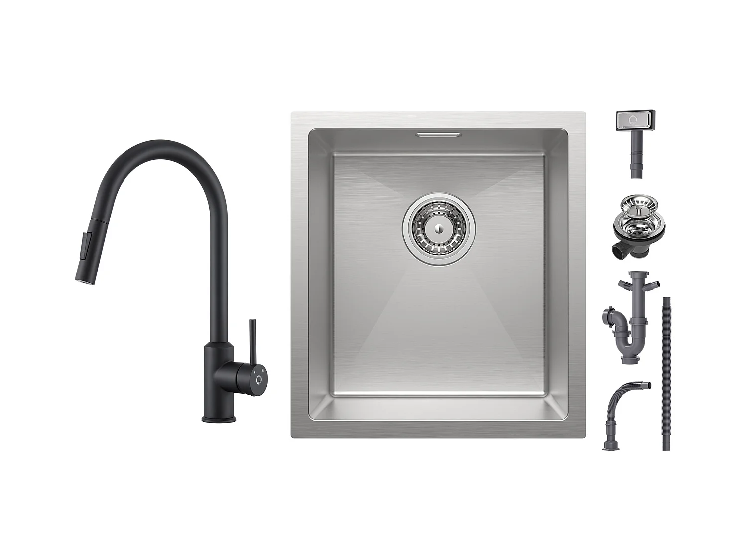 Cecipa max Évier de Cuisine 1 Bac 40x44x19cm - Évier Inox Évier Encastré Brossé + Mitigeur avec Douchette Extractible - Noir - Rotatif à 360 °