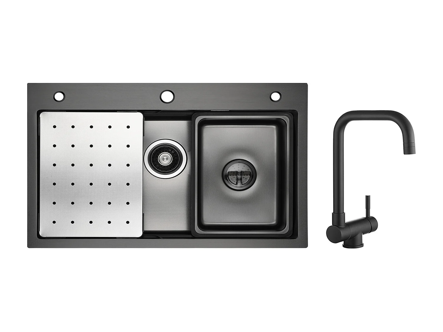 Cecipa max Évier 1 Bac 70×45 CM Noir avec Egouttoir, Vasque et Distributeur de Savon + Mitigeur Rabattable Noir Robinet Pliable Mitigeur Sous Fenêtre