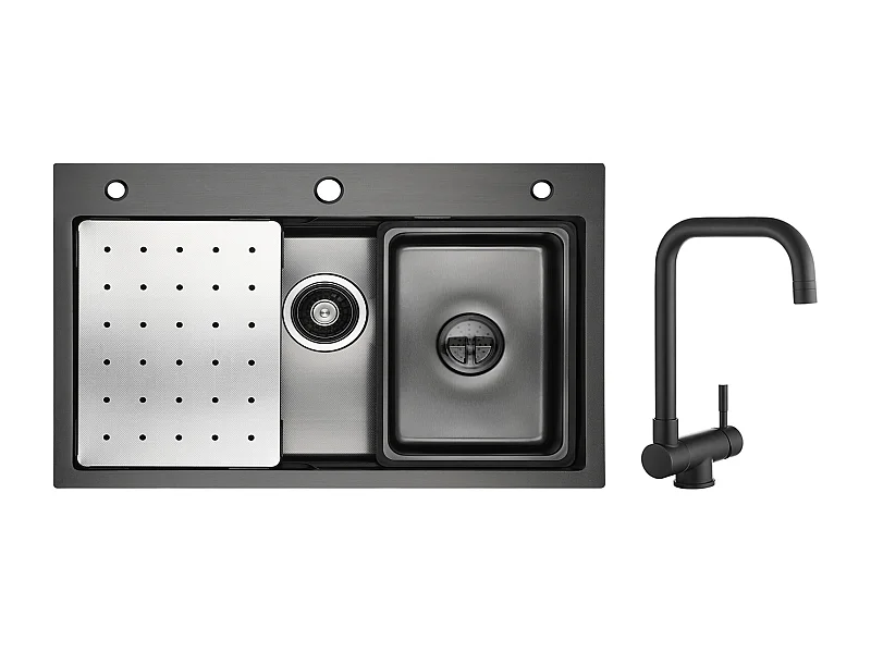 Cecipa max Évier 1 Bac 70×45 CM Noir avec Egouttoir, Vasque et Distributeur de Savon + Mitigeur Rabattable Noir Robinet Pliable Mitigeur Sous Fenêtre