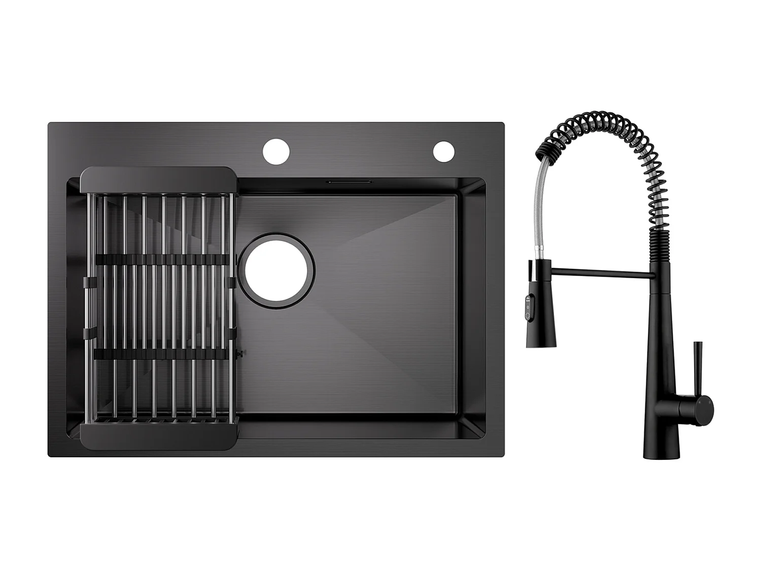 Cecipa max Küchenspüle aus Edelstahl, 60×45cm, Einzelbeckenspüle mit Ablaufkorb + Feder-Küchenarmatur mit 3 Wasserauslassmodi, Schwarz