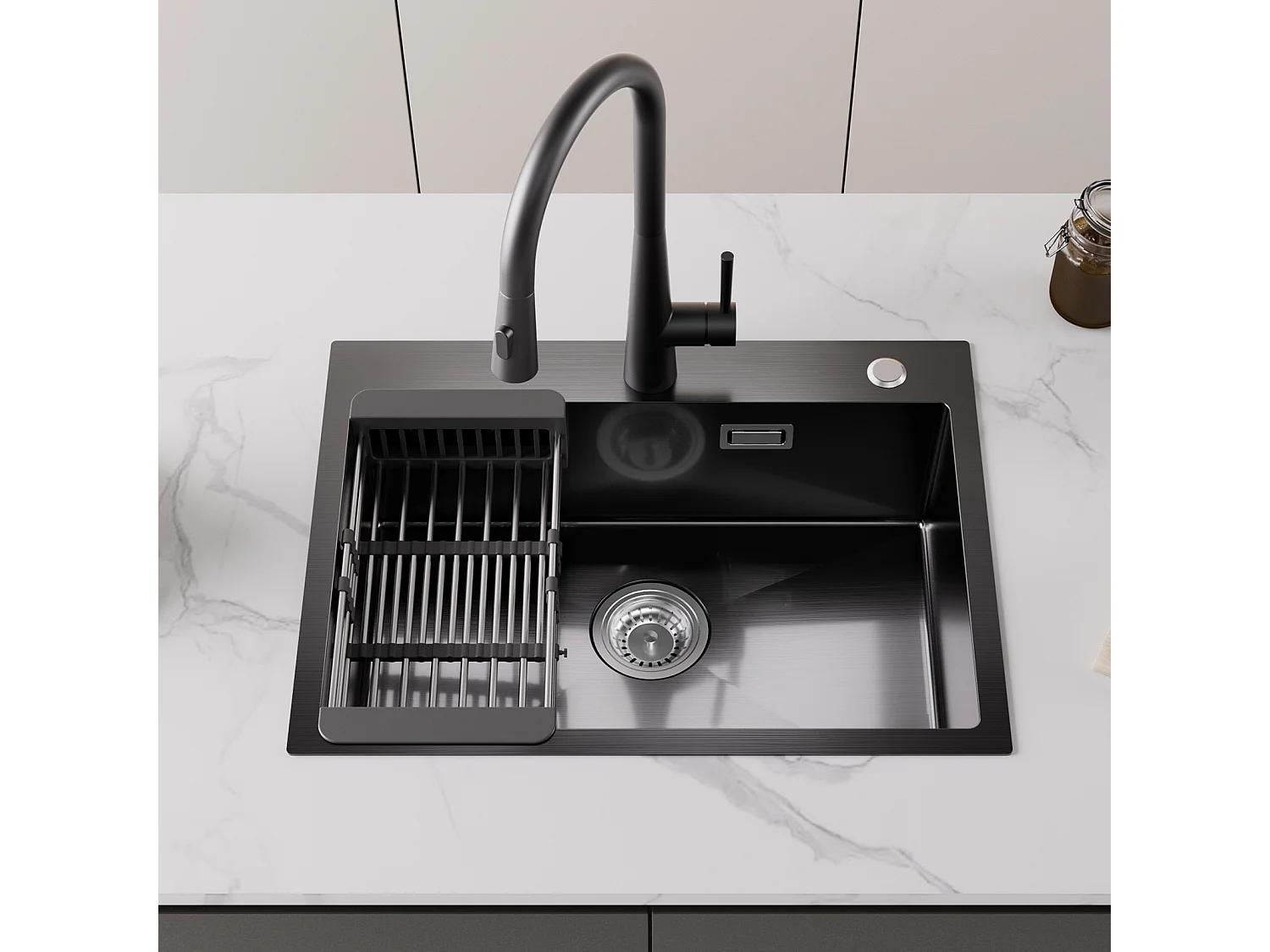 Cecipa max Küchenspüle aus Edelstahl, 60×45cm, Einzelbeckenspüle mit Ablaufkorb + Feder-Küchenarmatur mit 3 Wasserauslassmodi, Schwarz