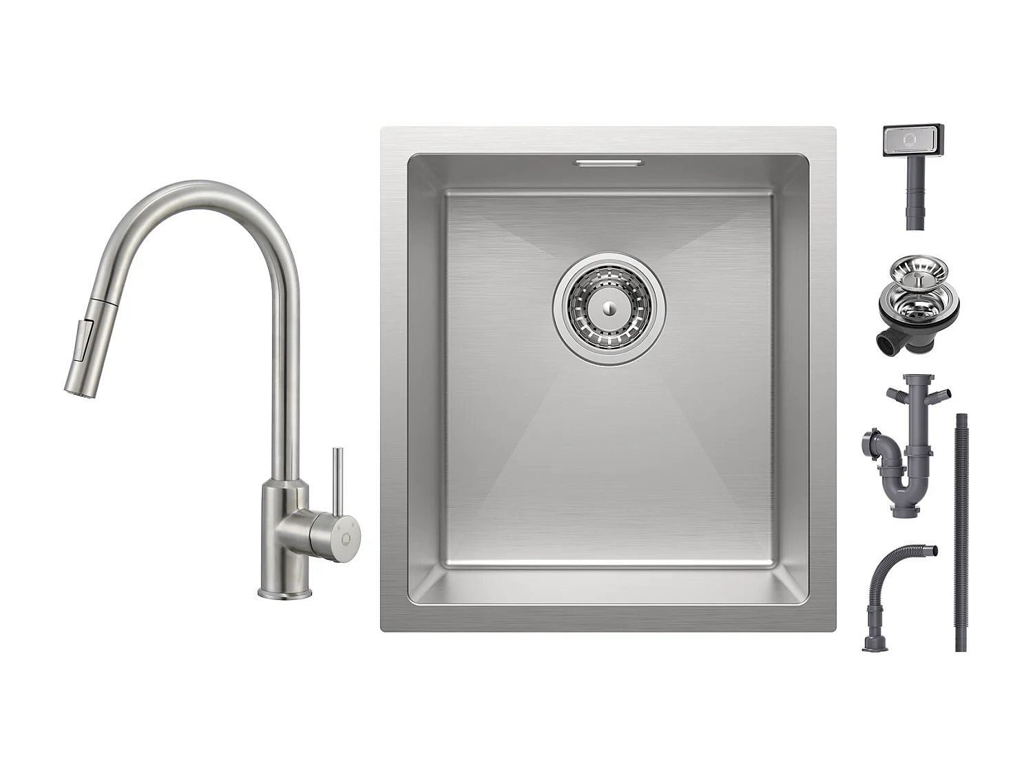 Lavello da cucina Cecipa max 1 vasca 40x44 cm - Lavello in acciaio inox spazzolato + miscelatore con doccetta estraibile con 2 modalità di uscita dell'acqua