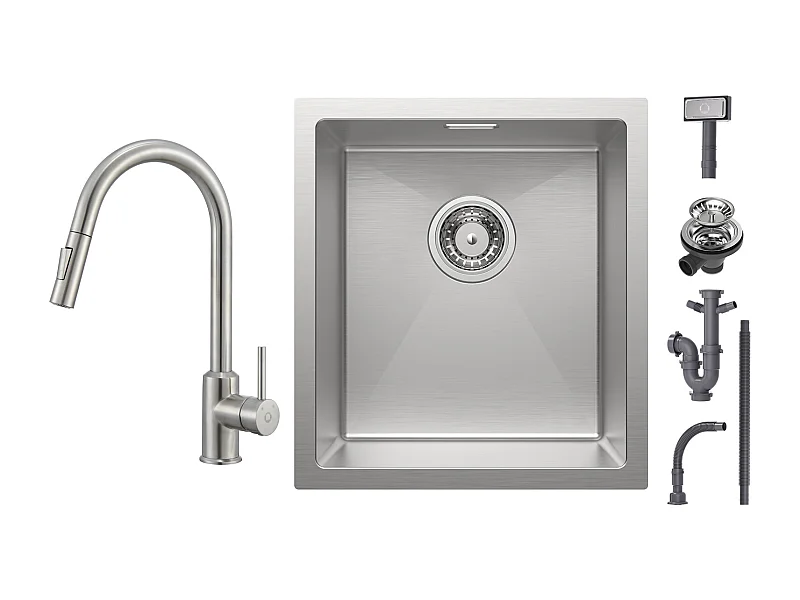 Cecipa max Évier de Cuisine 1 Bac 40x44cm - Évier Inox Encastré Brossé + Mitigeur avec Douchette Extractible Robinet avec 2 Modes de Sortie D'eau