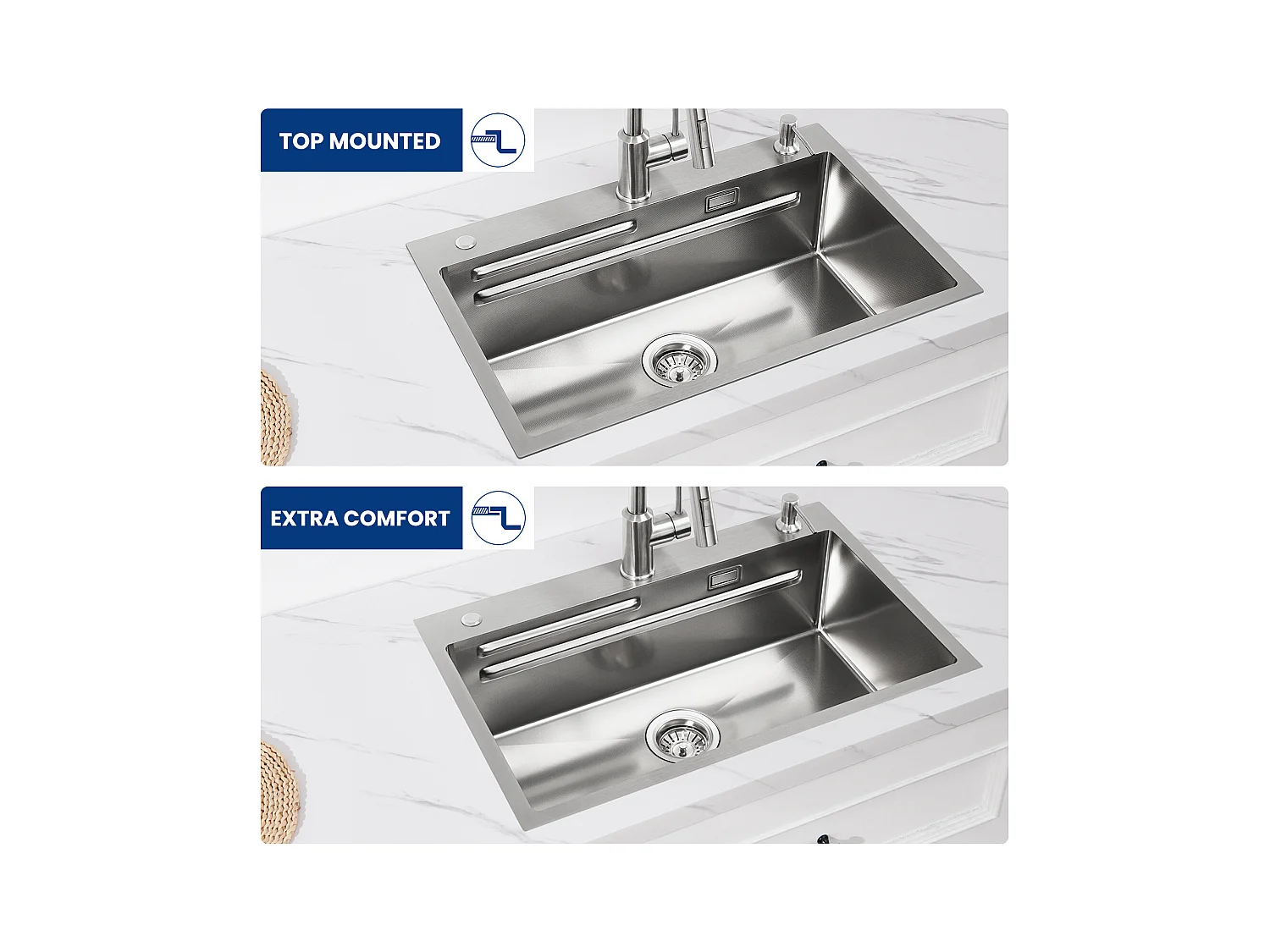 Cecipa max Évier Inox 70×45×21.5CM avec Egouttoir, Vasque et Distributeur de Savon + Mitigeur de Cuisine avec Douchette Extractible Noir