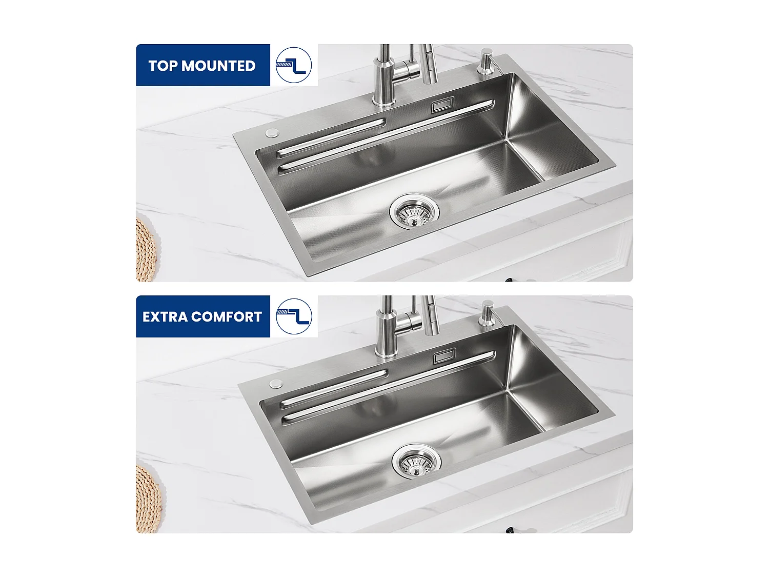 Cecipa max Évier Inox 70×45×21.5CM avec Egouttoir, Vasque et Distributeur de Savon + Mitigeur de Cuisine avec Douchette Extractible Noir