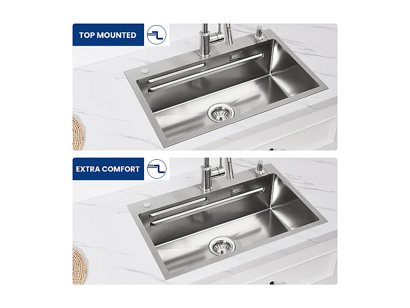 Cecipa max Évier Inox 70×45×21.5CM avec Egouttoir, Vasque et Distributeur de Savon + Mitigeur de Cuisine avec Douchette Extractible Noir