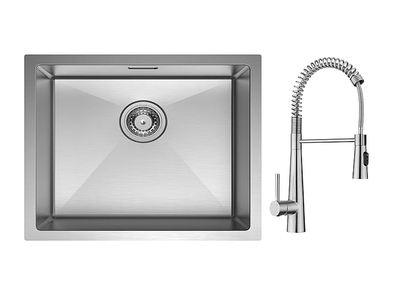 Cecipa max Einzelspüle, 50 x 44 cm, Küchenspüle aus gebürstetem Edelstahl + Feder-Küchenarmatur mit 3 Wasserauslassmodi, gebürstet