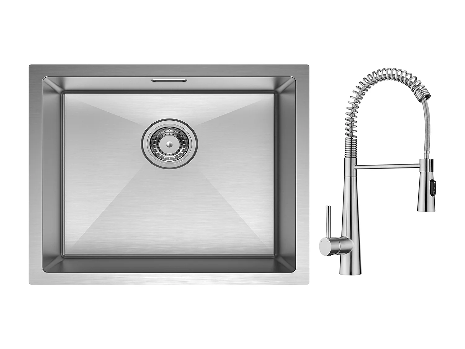 Cecipa max Évier 1 Bac 50*44cm Évier de Cuisine en Inox Brossé + Mitigeur de Cuisine à Ressort avec 3 Modes de Sortie D'eau, Brossé