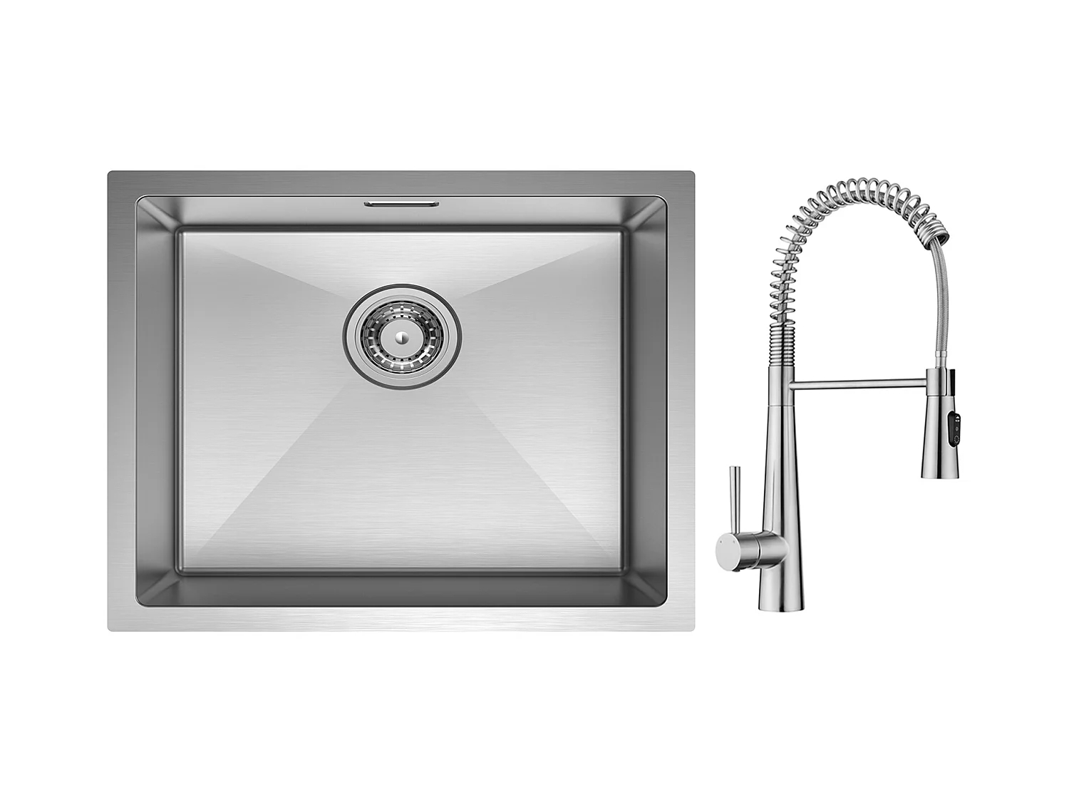 Cecipa max Évier 1 Bac 50*44cm Évier de Cuisine en Inox Brossé + Mitigeur de Cuisine à Ressort avec 3 Modes de Sortie D'eau, Brossé