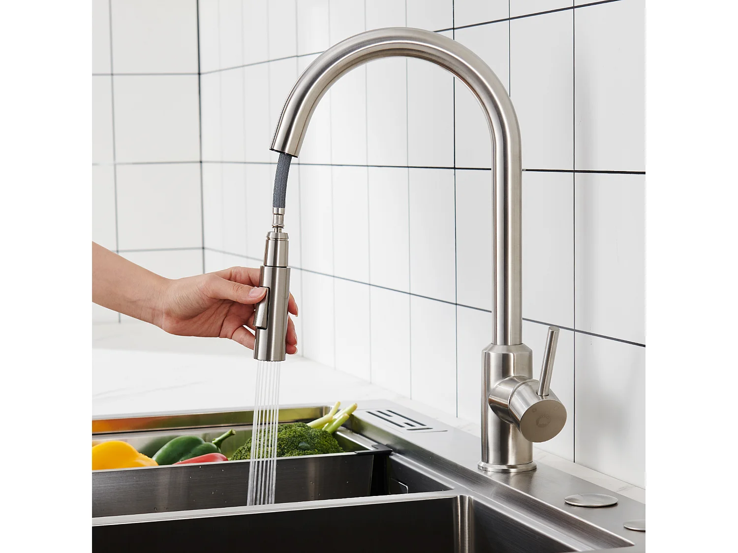 Cecipa max Évier Cuisine 1 Bac 70×44×21CM Évier à Encastrer Noir avec Egouttoir et Vasque + Mitigeur de Cuisine Brossé avec Douchette Extractible