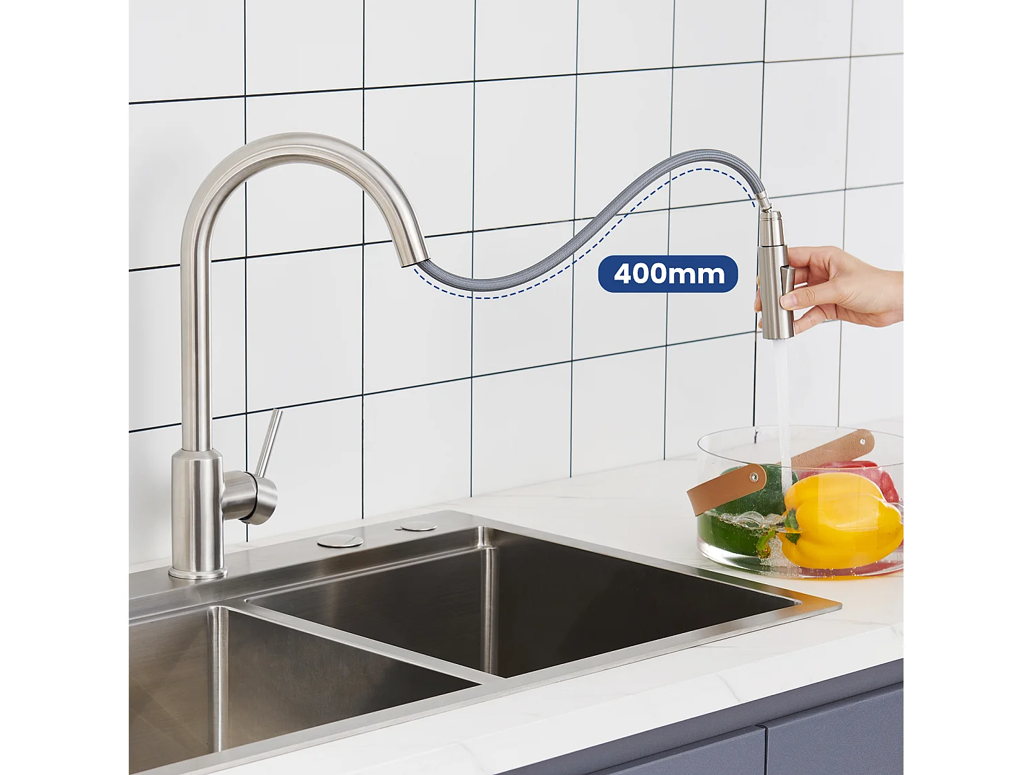 Cecipa max Évier Cuisine 1 Bac 70×44×21CM Évier à Encastrer Noir avec Egouttoir et Vasque + Mitigeur de Cuisine Brossé avec Douchette Extractible