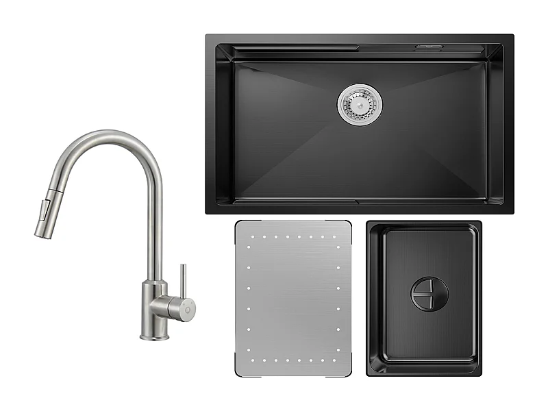 Fregadero de cocina Cecipa max 1 seno 70×44×21CM negro Fregadero encastrable con escurridor y lavabo + Mezclador de cocina cepillado con ducha extraíble