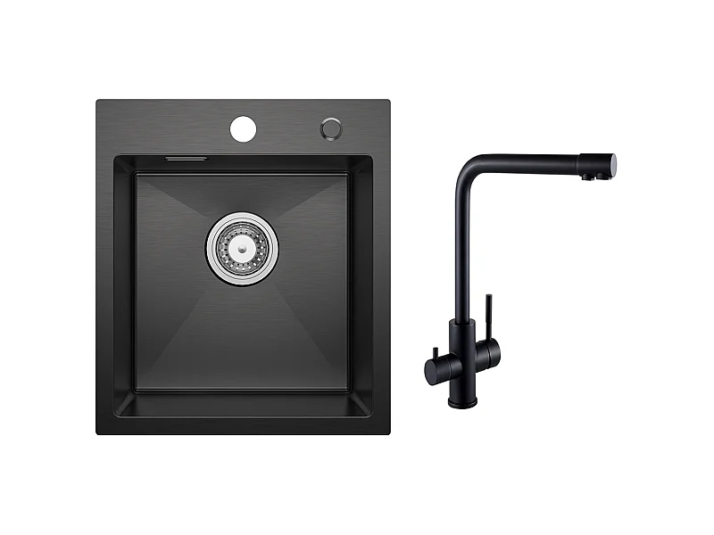 Küchenspüle 1 Becken Anthrazit Schwarz 40*45*19CM - Edelstahlspüle Küchenspüle + 3-Wege-Spültischmischer, 2 Hebel, Schwarz