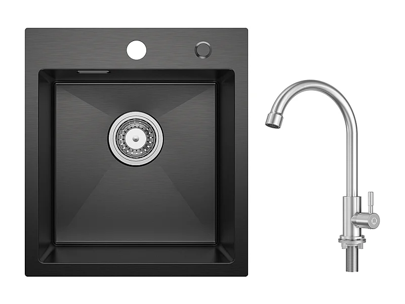 Evier Cuisine 1 Bac Noir Anthracite 40*45*19CM - Évier Inox Évier de Cuisine + Robinet de Cuisine à eau Froide,Brossé