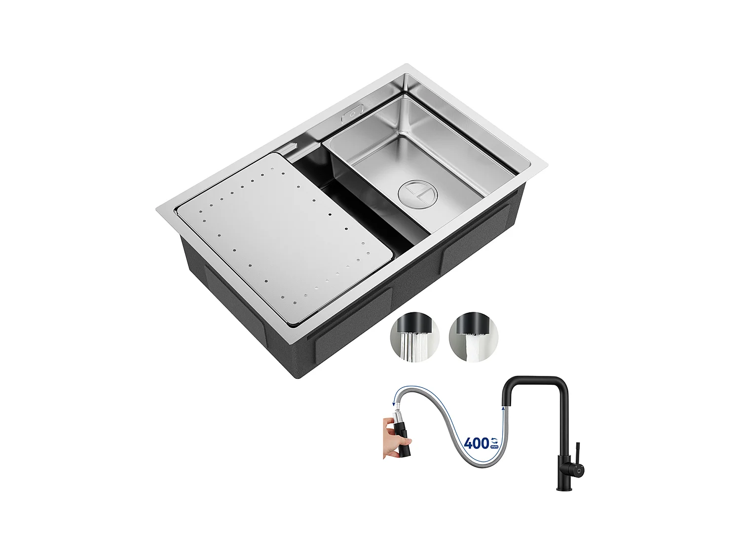Évier Cuisine 1 Bac 70×44×21CM Évier Inox Brossé avec Egouttoir et Vasque + Mitigeur avec Douchette Extractible, Noir