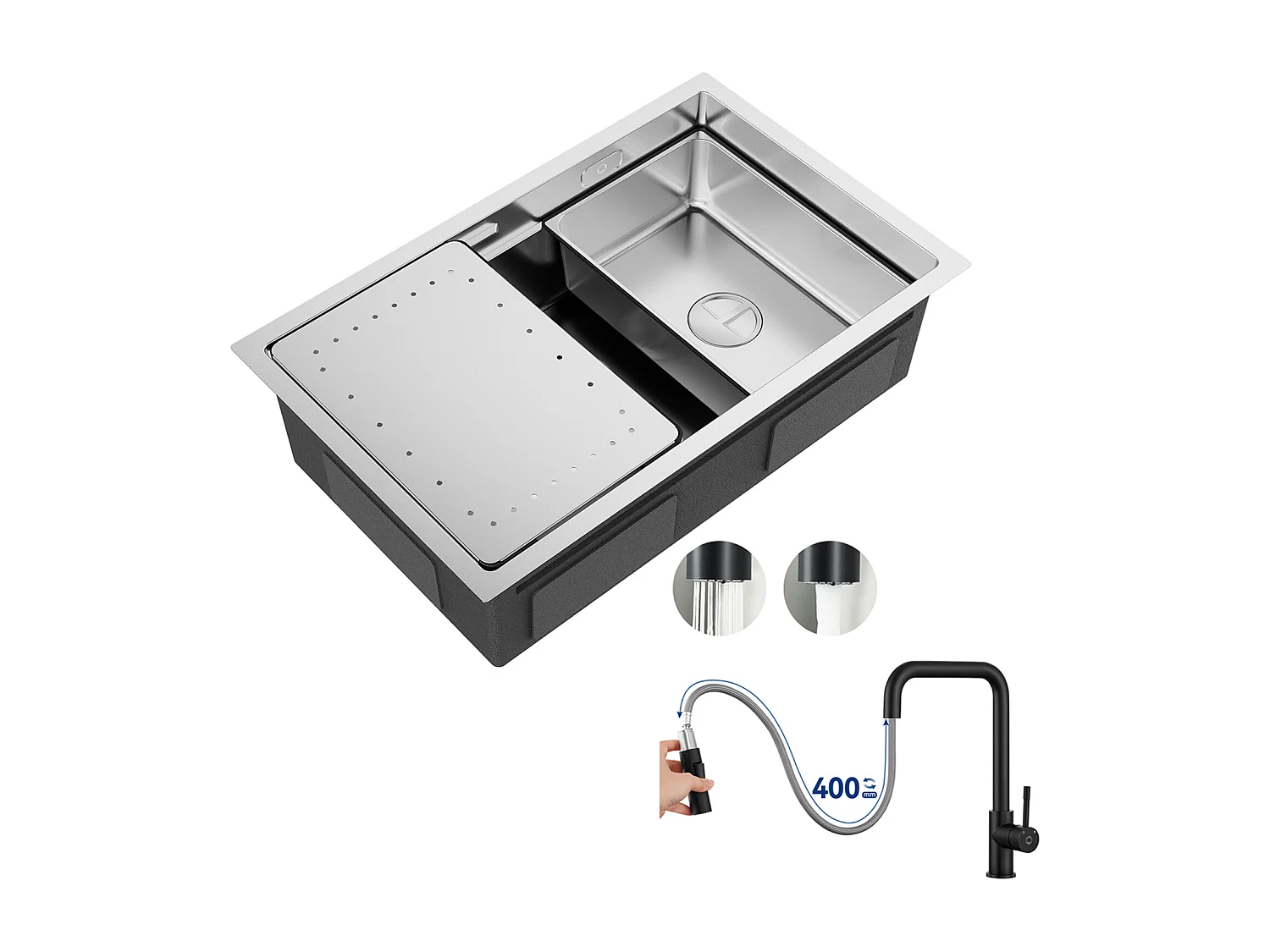 Évier Cuisine 1 Bac 70×44×21CM Évier Inox Brossé avec Egouttoir et Vasque + Mitigeur avec Douchette Extractible, Noir