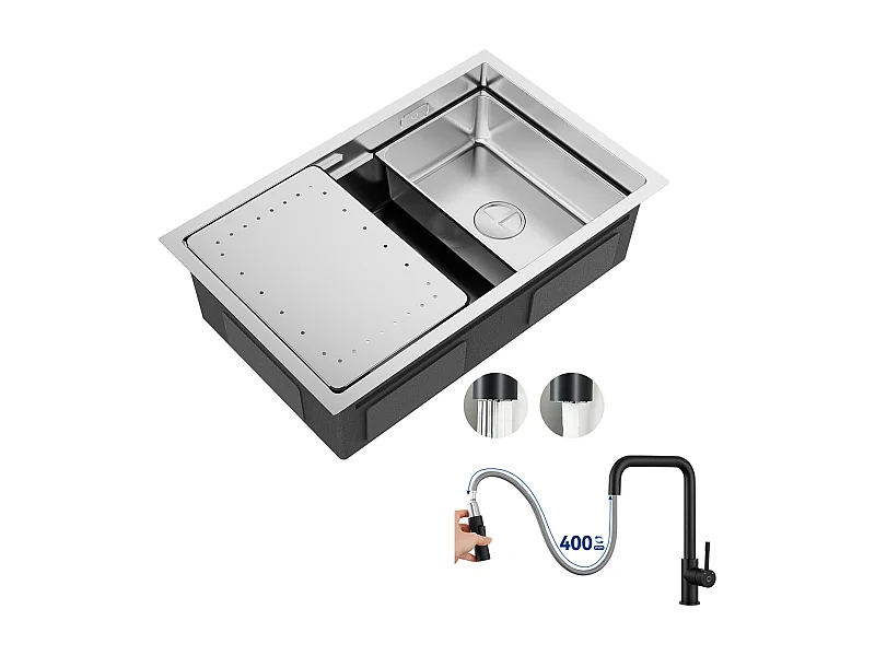 Évier Cuisine 1 Bac 70×44×21CM Évier Inox Brossé avec Egouttoir et Vasque + Mitigeur avec Douchette Extractible, Noir