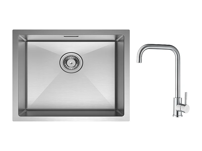 CECIPA MAX Évier de Cuisine 1 Bac Brossé Évier Inox 50*44CM + Mitigeur de Cuisine en Inox Brossé avec Bec Haut et Incurvé