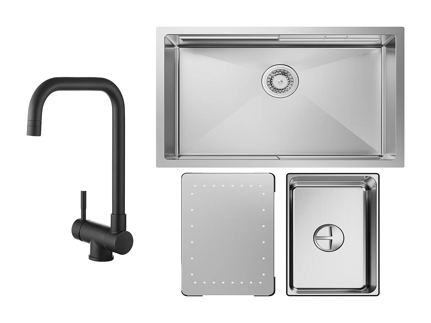 Cecipa max Évier 1 Bac 70×44CM Évier à Encastrer Inox Brossé avec Egouttoir et Vasque + Mitigeur Cuisine Rabattable Noir Robinet Pliable Sous Fenêtre