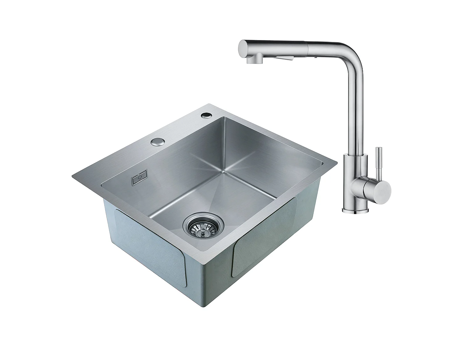 Cecipa max 2 in 1 1 bak RVS spoelbak 50 x 45 x 18,5 cm + Chroom uittrekbare RVS keukenkraan
