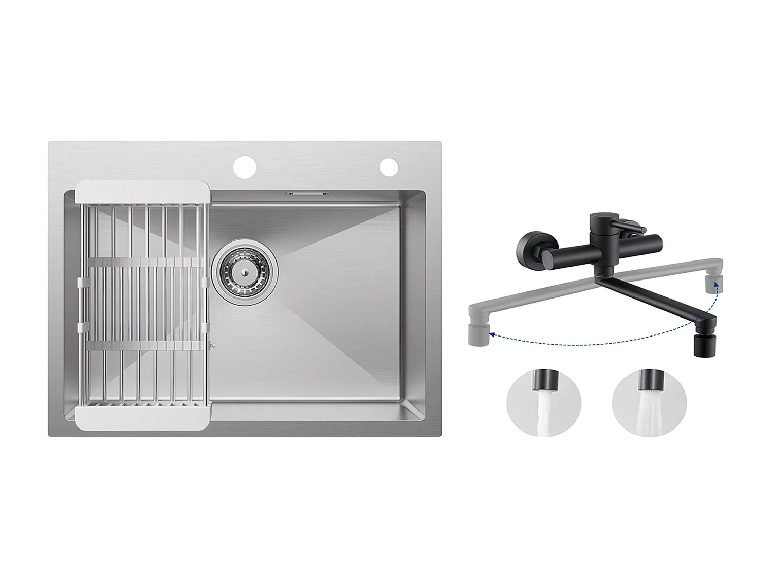 Évier Cuisine 1 Bac 60×45×18CM Évier Inox Brossé avec Panier de Drainage + Mitigeur de Cuisine Mural avec 2 Jets Noir