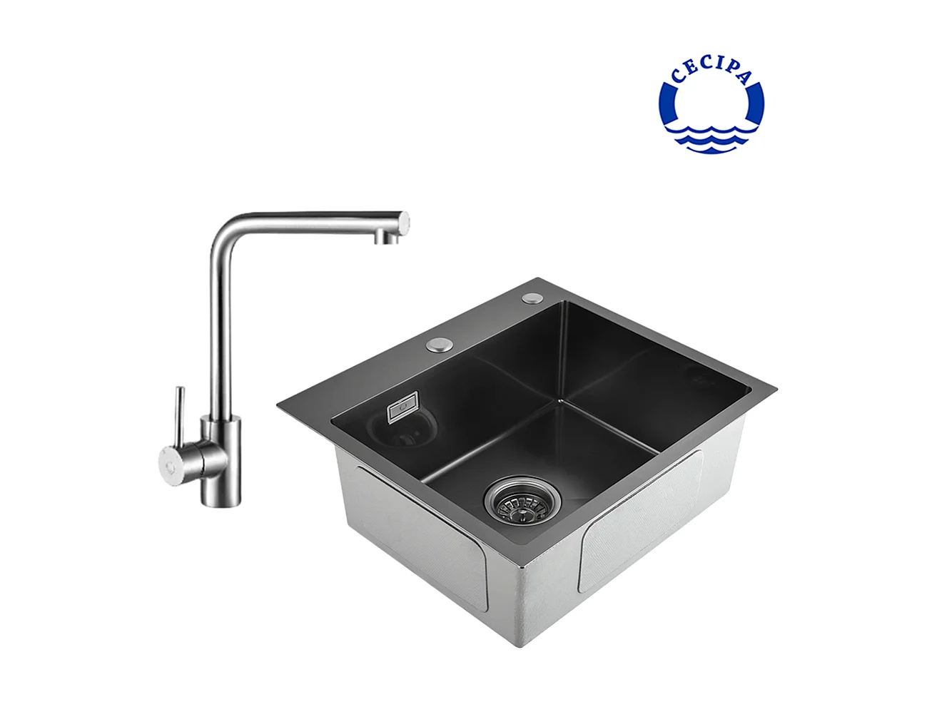 Cecipa max 2 en 1 Evier 1 bac Noir gris 50*45*18.5cm + Robinet de cuisine pivotant à 360 °, Mitigeur de cuisine en acier inoxydable