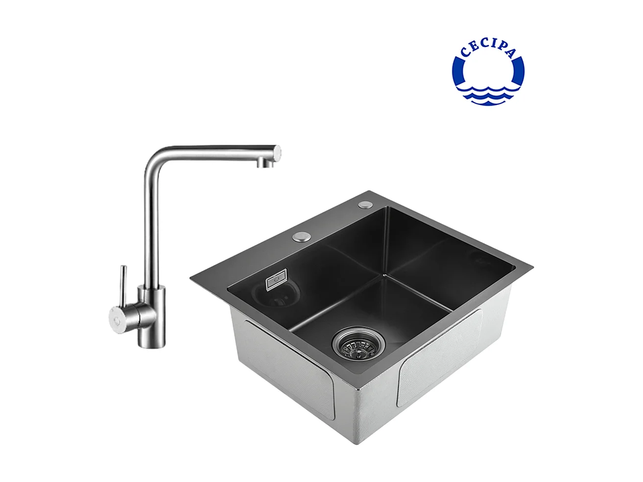 Cecipa max 2 en 1 Evier 1 bac Noir gris 50*45*18.5cm + Robinet de cuisine pivotant à 360 °, Mitigeur de cuisine en acier inoxydable