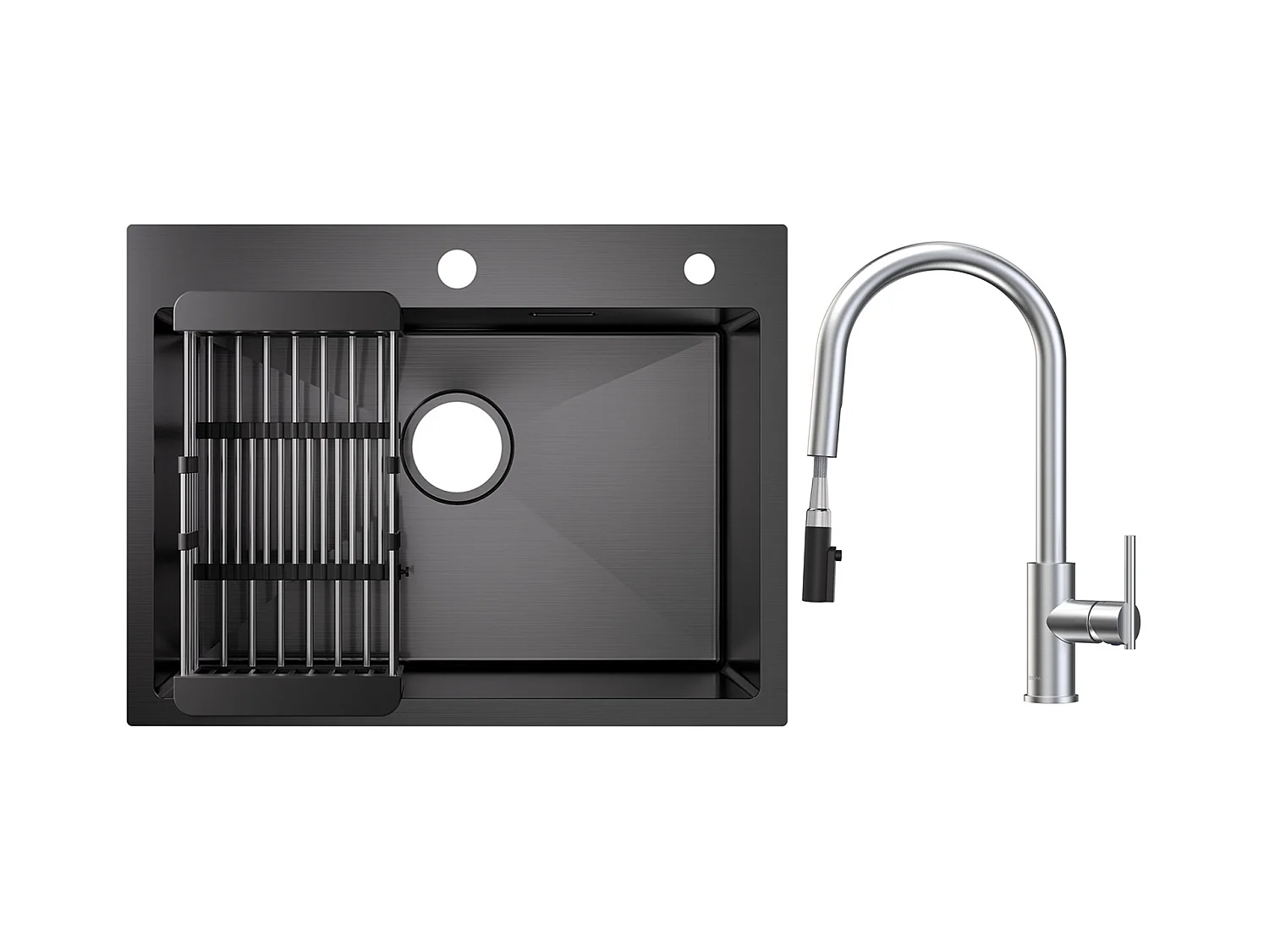 Évier de Cuisine Inox 60×45cm, Évier 1 Bac avec Panier de Drainage + Mitigeur de Cuisine Avec Douchette Extractible, 2 Modes de Sortie D'eau, Brossé
