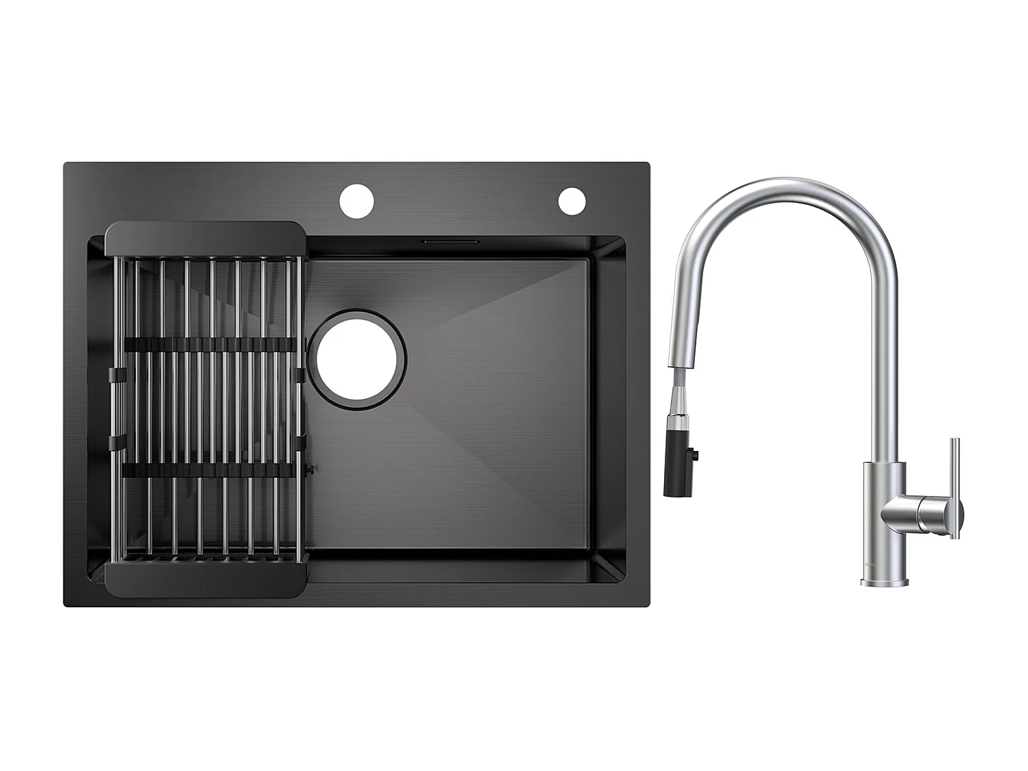 Évier de Cuisine Inox 60×45cm, Évier 1 Bac avec Panier de Drainage + Mitigeur de Cuisine Avec Douchette Extractible, 2 Modes de Sortie D'eau, Brossé