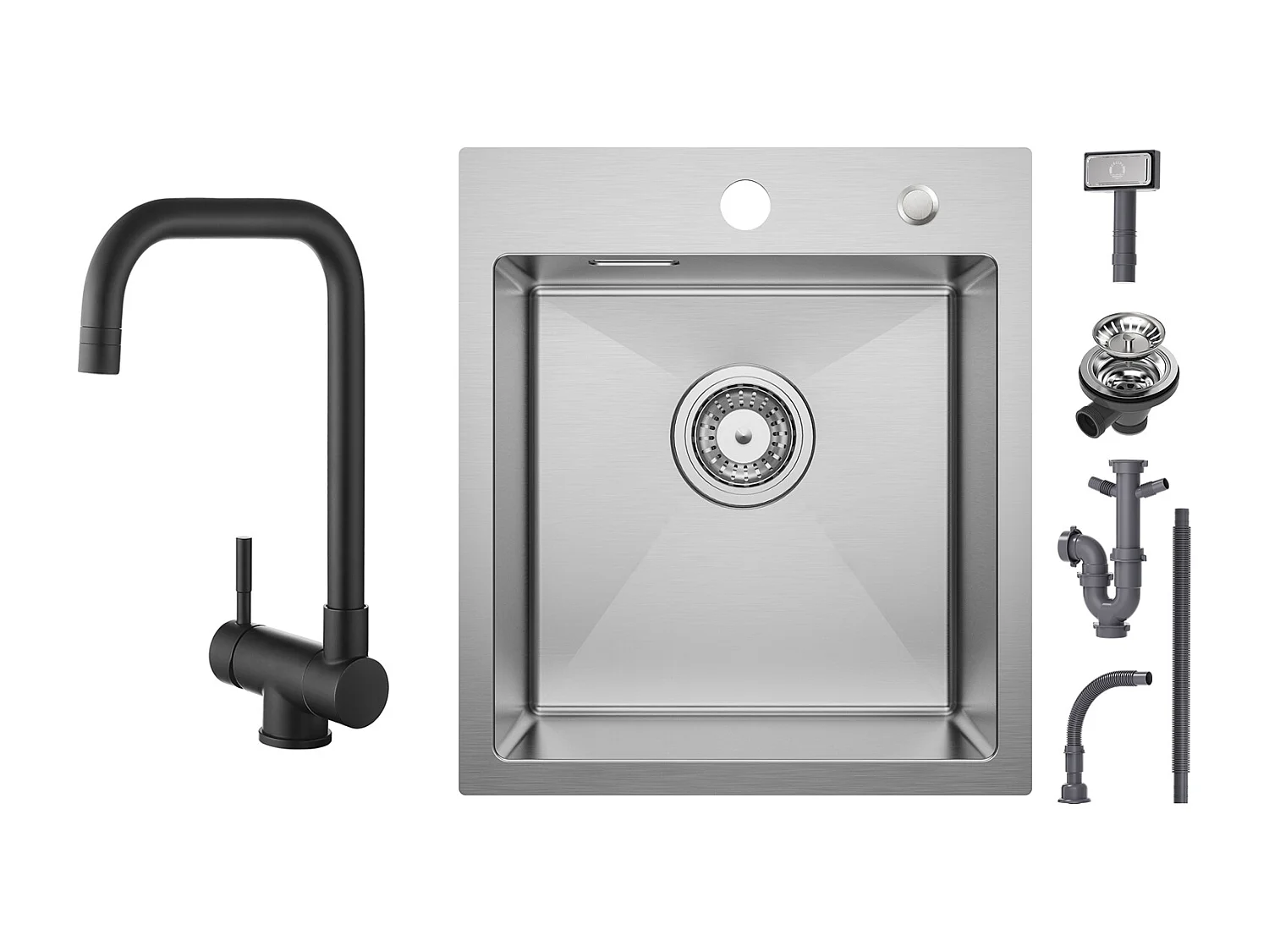 Cecipa max Keukenspoelbak 1 Kom 40 × 45 cm Geborsteld RVS Spoelbak 1 Kom + Opvouwbare Keuken Zwart Opvouwbare Keukenkraan Keukenmixer Onder Venster