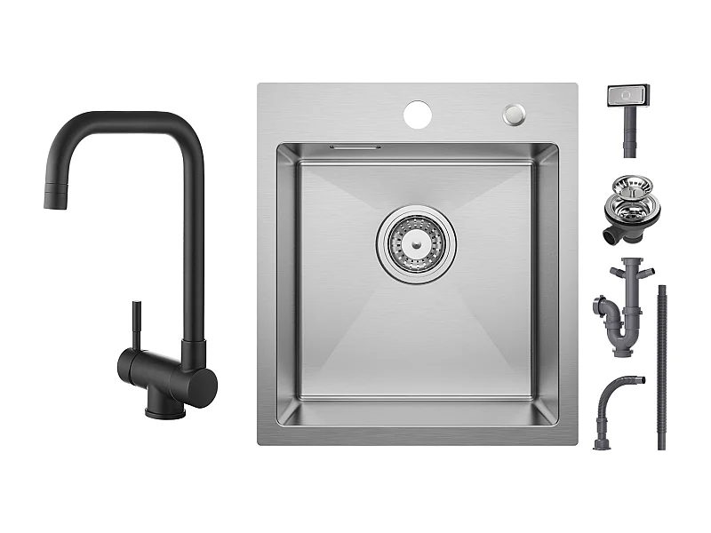 Cecipa max Keukenspoelbak 1 Kom 40 × 45 cm Geborsteld RVS Spoelbak 1 Kom + Opvouwbare Keuken Zwart Opvouwbare Keukenkraan Keukenmixer Onder Venster