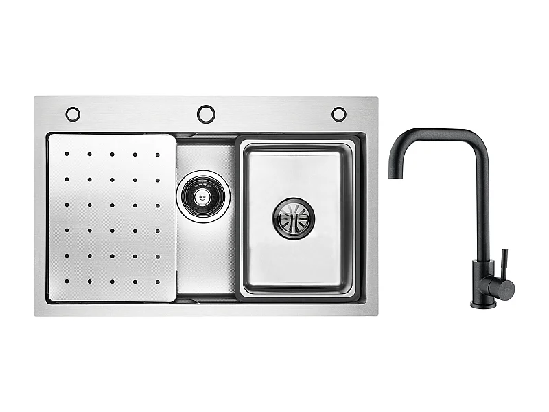 Lavello a 1 Vasca 70×45×21,5 CM Lavello in Acciaio Inox Argento con Sgocciolatoio, Vaschetta, Dispenser Sapone + Miscelatore Cucina in Acciaio Inox Nero Stellato