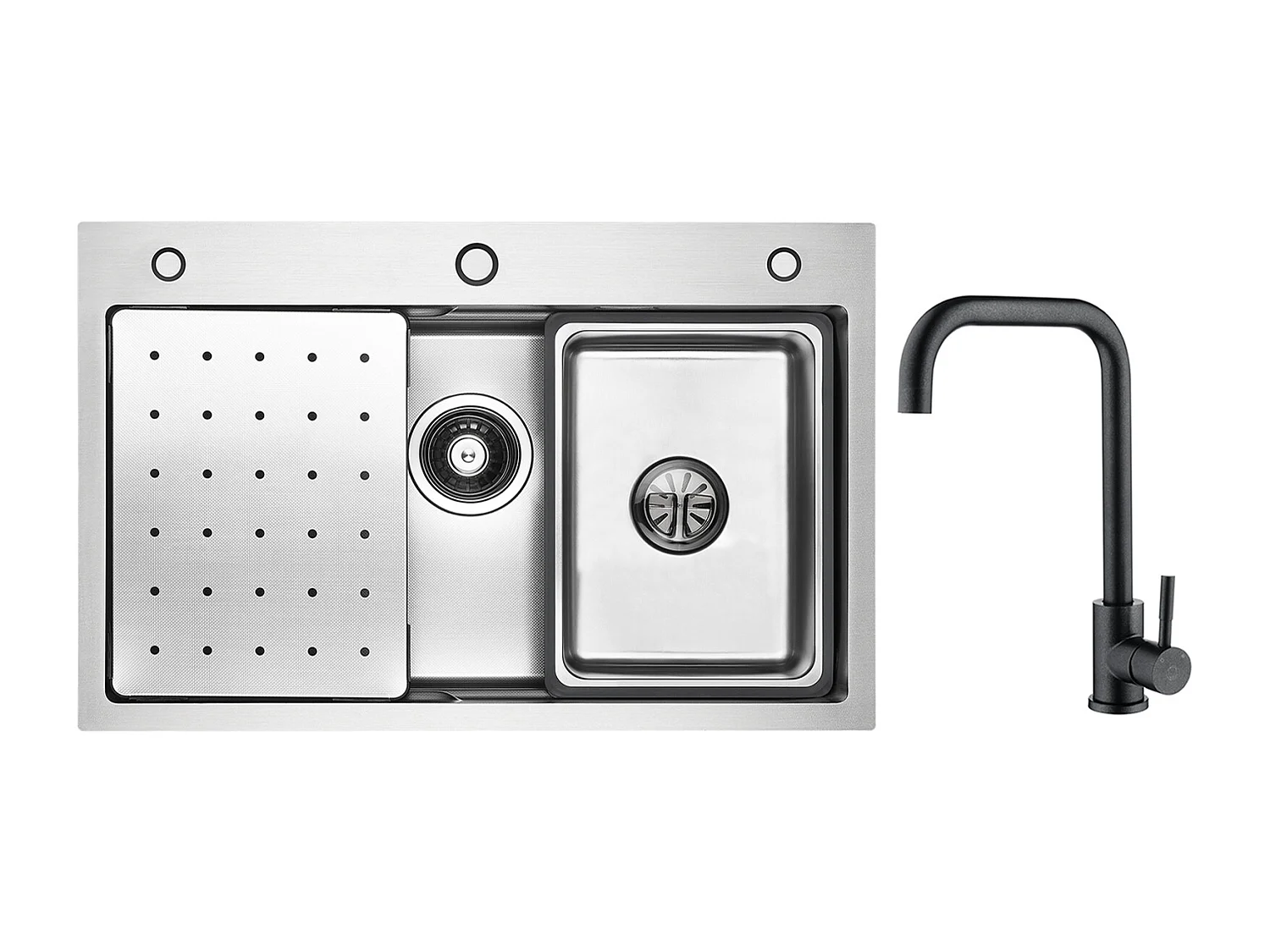 Lavello a 1 Vasca 70×45×21,5 CM Lavello in Acciaio Inox Argento con Sgocciolatoio, Vaschetta, Dispenser Sapone + Miscelatore Cucina in Acciaio Inox Nero Stellato