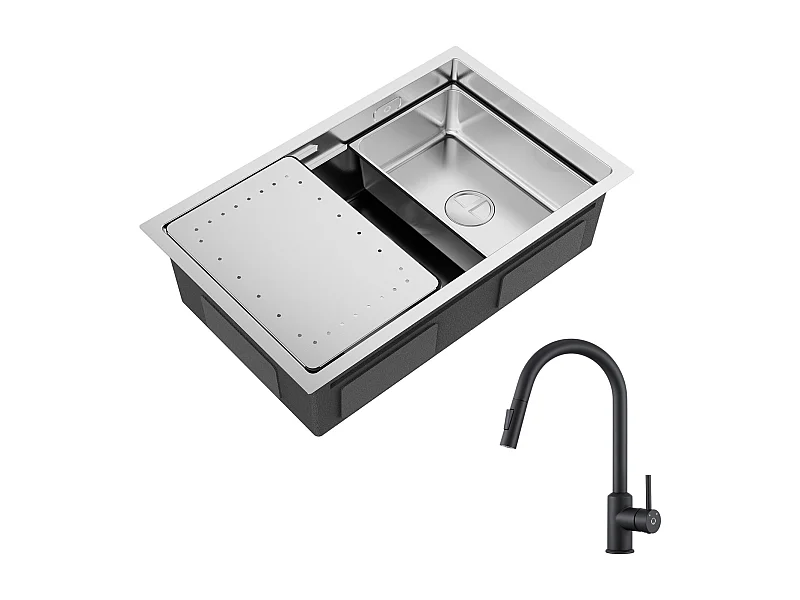 Cecipa max Évier Cuisine 1 Bac 70×44×21CM Évier à Encastrer Inox Brossé avec Egouttoir et Vasque + Mitigeur avec Douchette Extractible - Noir!