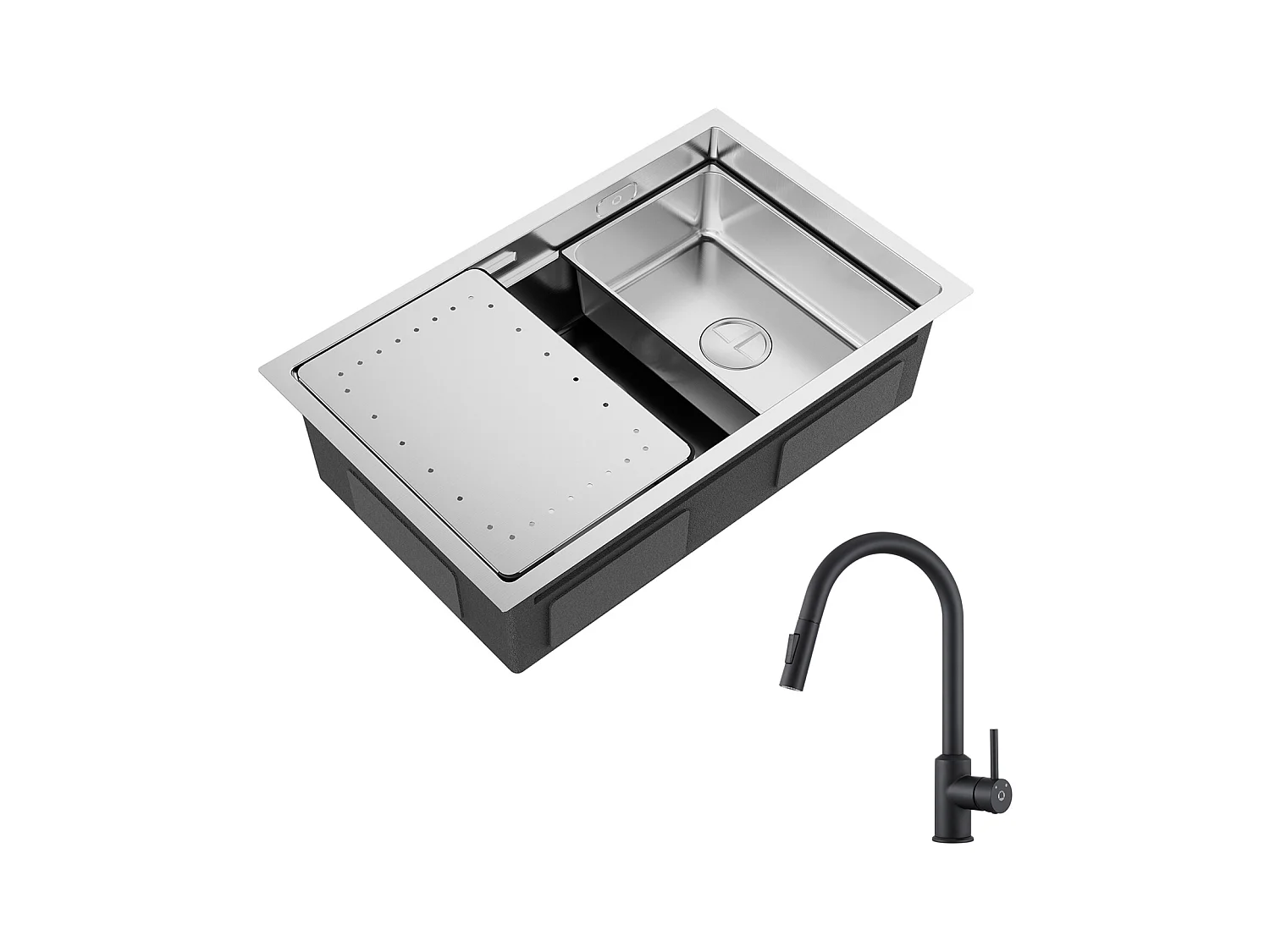 Lavello Cucina Cecipa max 1 Vasca 70×44×21CM Lavello da Incasso in Acciaio Inox Spazzolato con Gocciolatoio e Vasca + Miscelatore con Doccia Estraibile - Nero!