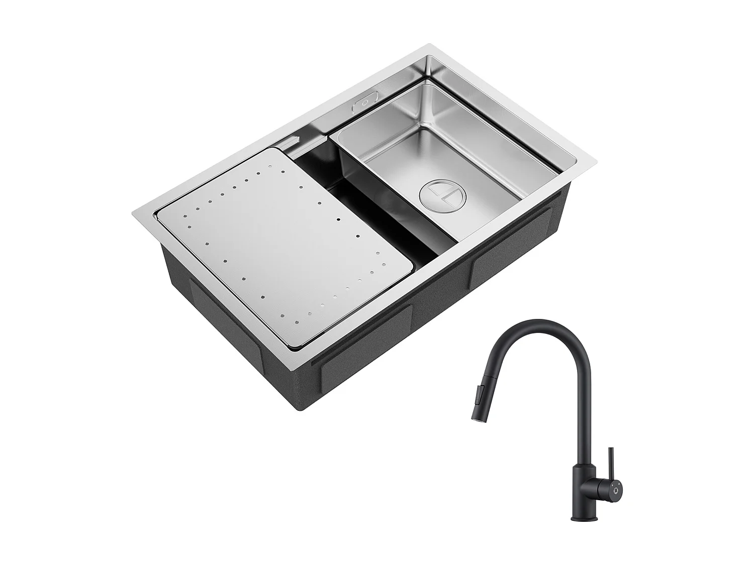 Cecipa max Keukenspoelbak 1 Kom 70×44×21CM Geborsteld RVS Ingebouwde Spoelbak met Afdruiprek en Wastafel + Mengkraan met Uittrekbare Spray - Zwart!