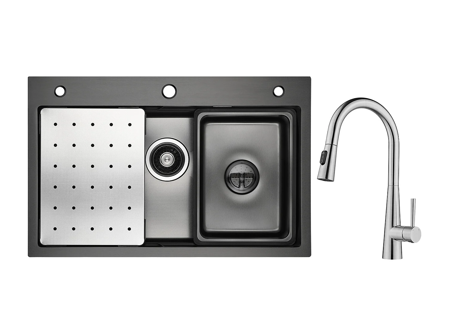 Lavello Cecipa max 1 vasca 70×45cm con gocciolatoio, vasca e dosatore sapone + miscelatore con doccetta estraibile, 3 modalità di uscita acqua, spazzolato