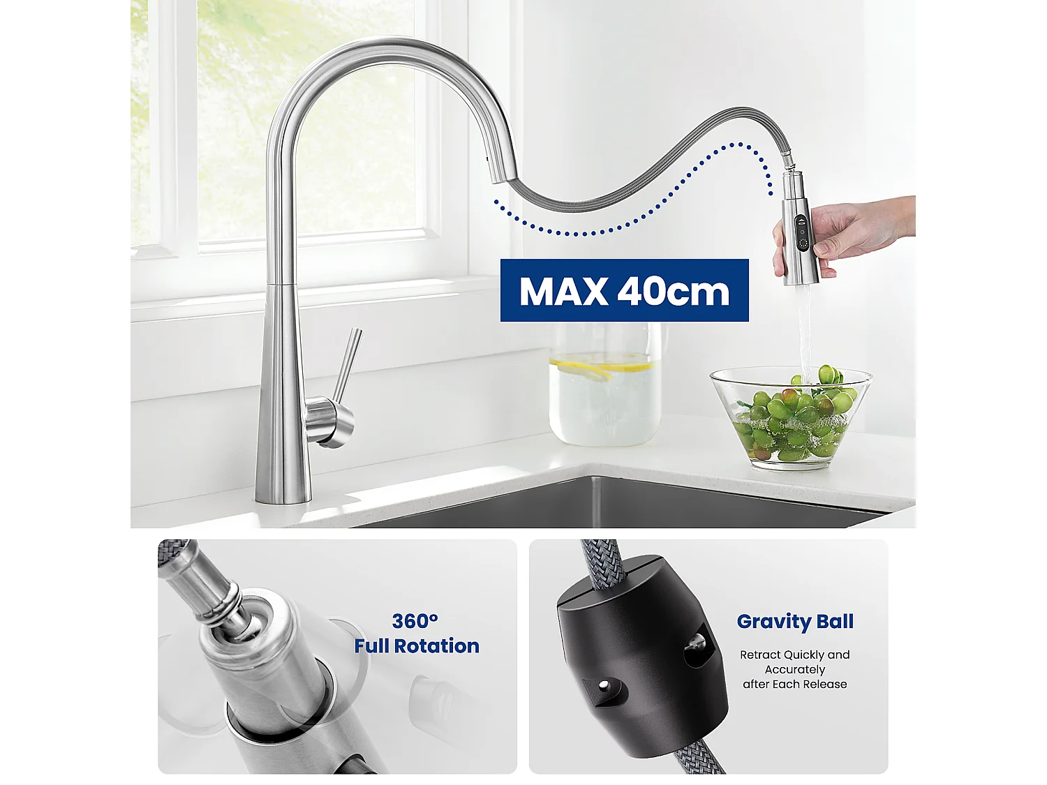 Cecipa max Einzelspüle 70×45cm mit Abtropffläche, Waschbecken und Seifenspender + Mischbatterie mit ausziehbarer Brause, 3 Wasserauslassmodi, gebürstet