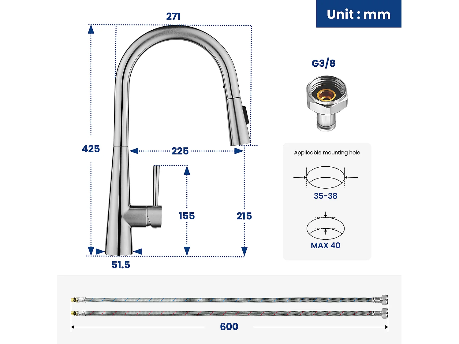 Cecipa max Einzelspüle 70×45cm mit Abtropffläche, Waschbecken und Seifenspender + Mischbatterie mit ausziehbarer Brause, 3 Wasserauslassmodi, gebürstet